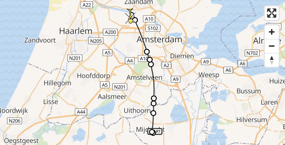 Routekaart van de vlucht: Lifeliner 1 naar Amsterdam Heliport, Industrieweg