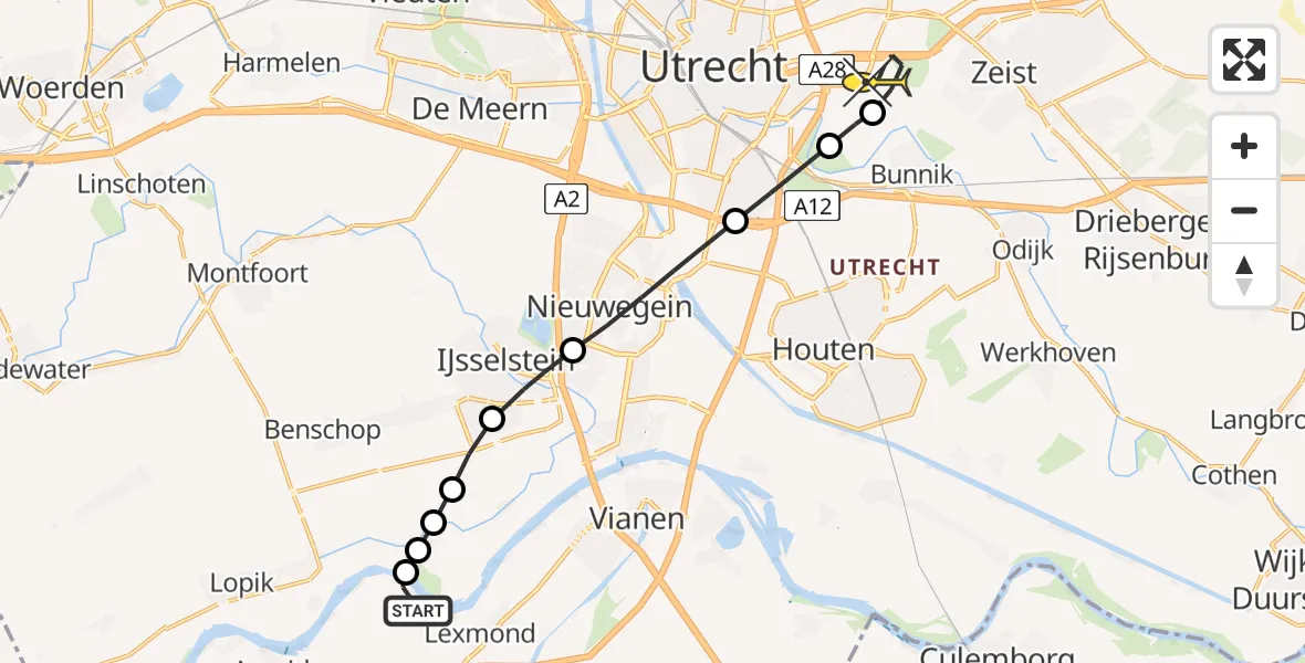 Routekaart van de vlucht: Lifeliner 1 naar Universitair Medisch Centrum Utrecht, Achthoven