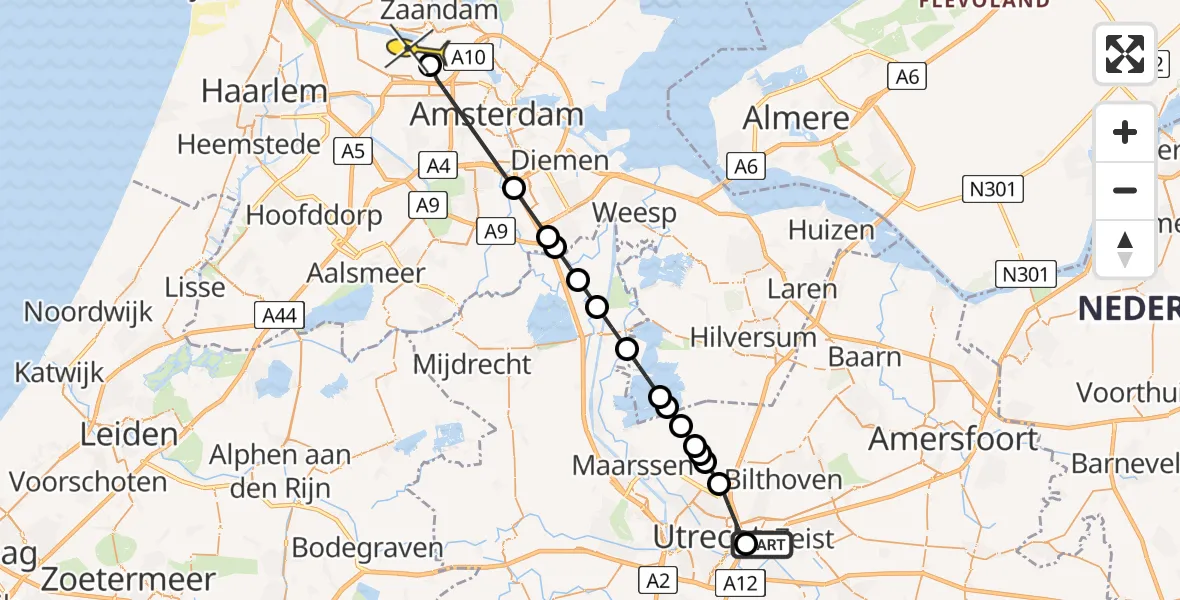 Routekaart van de vlucht: Lifeliner 1 naar Amsterdam Heliport, Cambridgelaan