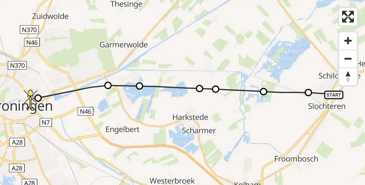 Routekaart van de vlucht: Lifeliner 4 naar Universitair Medisch Centrum Groningen, Slochterdiep