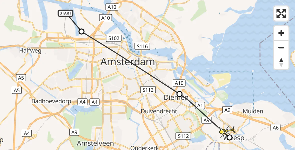 Routekaart van de vlucht: Lifeliner 1 naar Weesp, Kwadrantweg