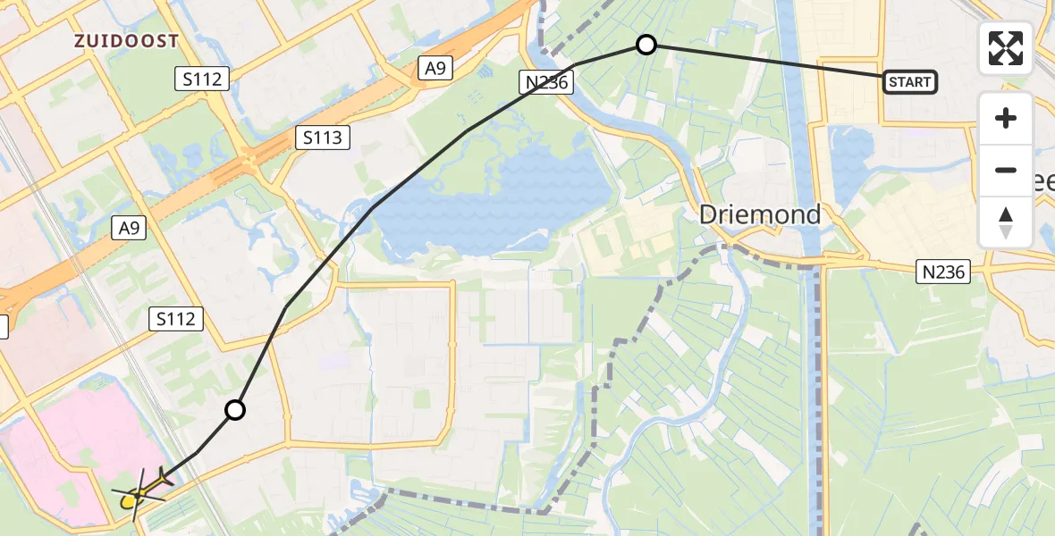 Routekaart van de vlucht: Lifeliner 1 naar Academisch Medisch Centrum (AMC), Gaaspermolenpad