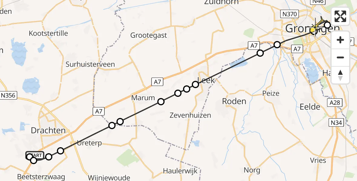 Routekaart van de vlucht: Lifeliner 4 naar Universitair Medisch Centrum Groningen, Boerestreek