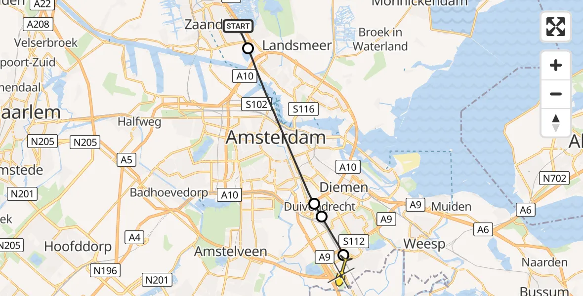 Routekaart van de vlucht: Lifeliner 1 naar Academisch Medisch Centrum (AMC), Coentunnelweg