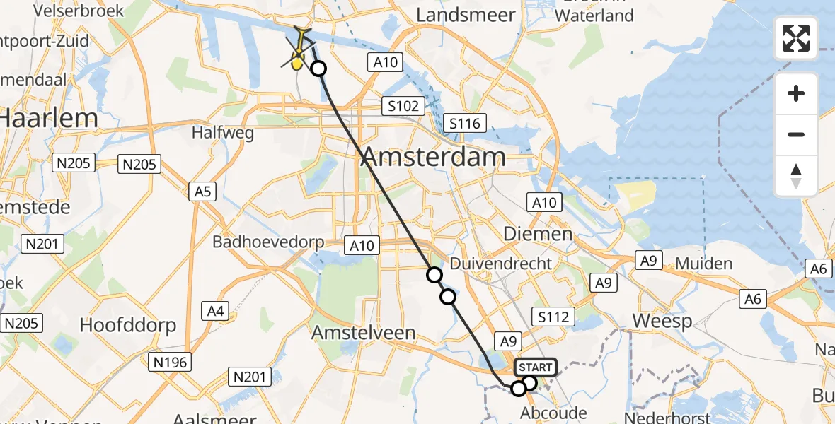 Routekaart van de vlucht: Lifeliner 1 naar Amsterdam Heliport, Hogendijk