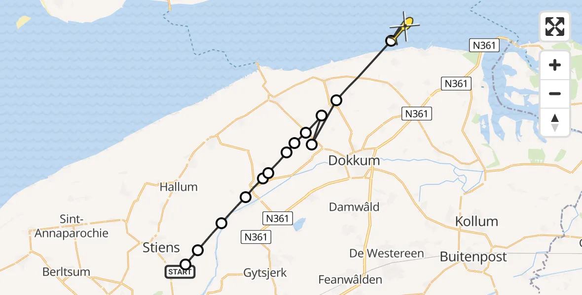 Routekaart van de vlucht: Ambulanceheli naar Nes, Aldlânsdyk