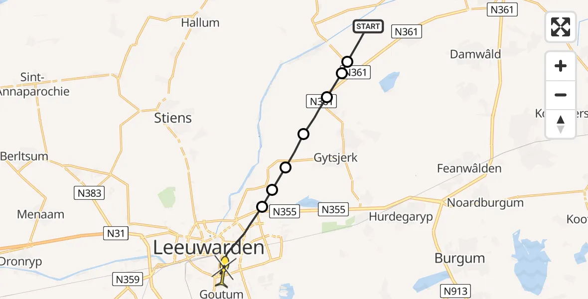 Routekaart van de vlucht: Ambulanceheli naar Leeuwarden, Kolkhuzerwei