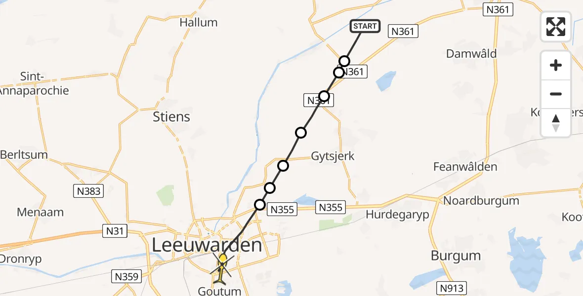 Routekaart van de vlucht: Ambulancehelikopter naar Leeuwarden, Kolkhuzerwei