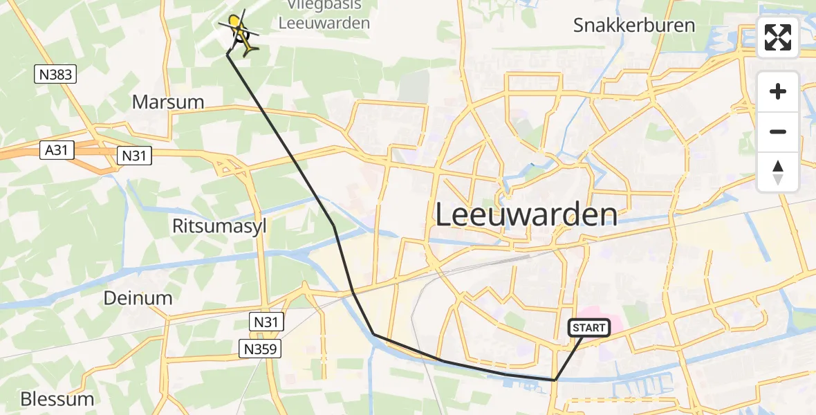 Vluchtroute Ambulancehelikopter van Leeuwarden naar Vliegbasis Leeuwarden