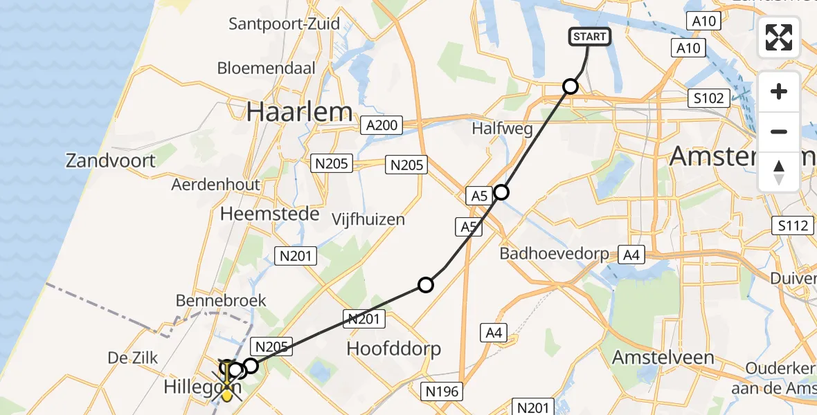 Routekaart van de vlucht: Lifeliner 1 naar Beinsdorp, Nieuw-Zeelandweg