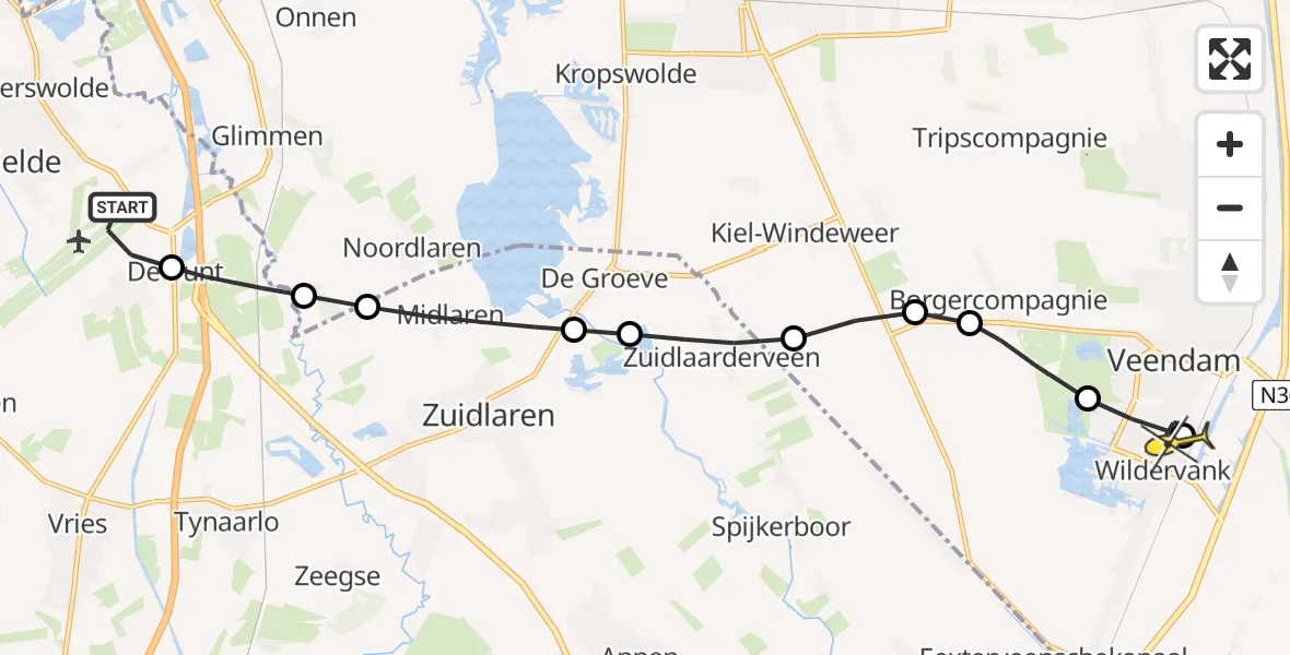 Routekaart van de vlucht: Lifeliner 4 naar Wildervank, Vissersweg