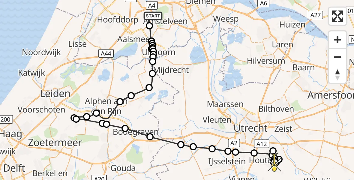 Routekaart van de vlucht: Politieheli naar Houten, Amsterdam-Bataviaweg