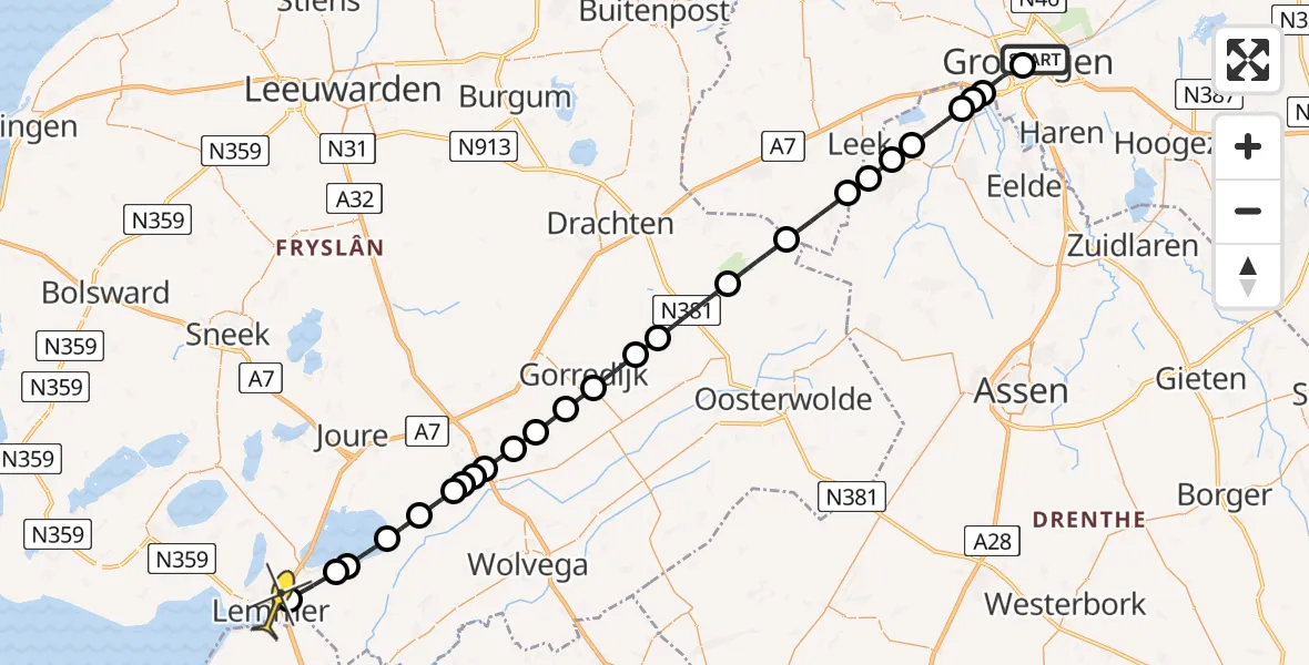 Routekaart van de vlucht: Lifeliner 4 naar Lemmer, Munnekeholm