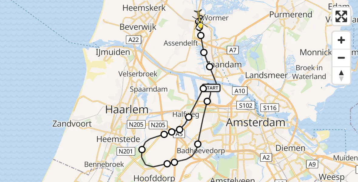 Routekaart van de vlucht: Lifeliner 1 naar Wormerveer, Nieuw-Zeelandweg