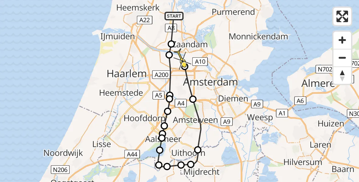 Routekaart van de vlucht: Lifeliner 1 naar Amsterdam Heliport, Zuideinde