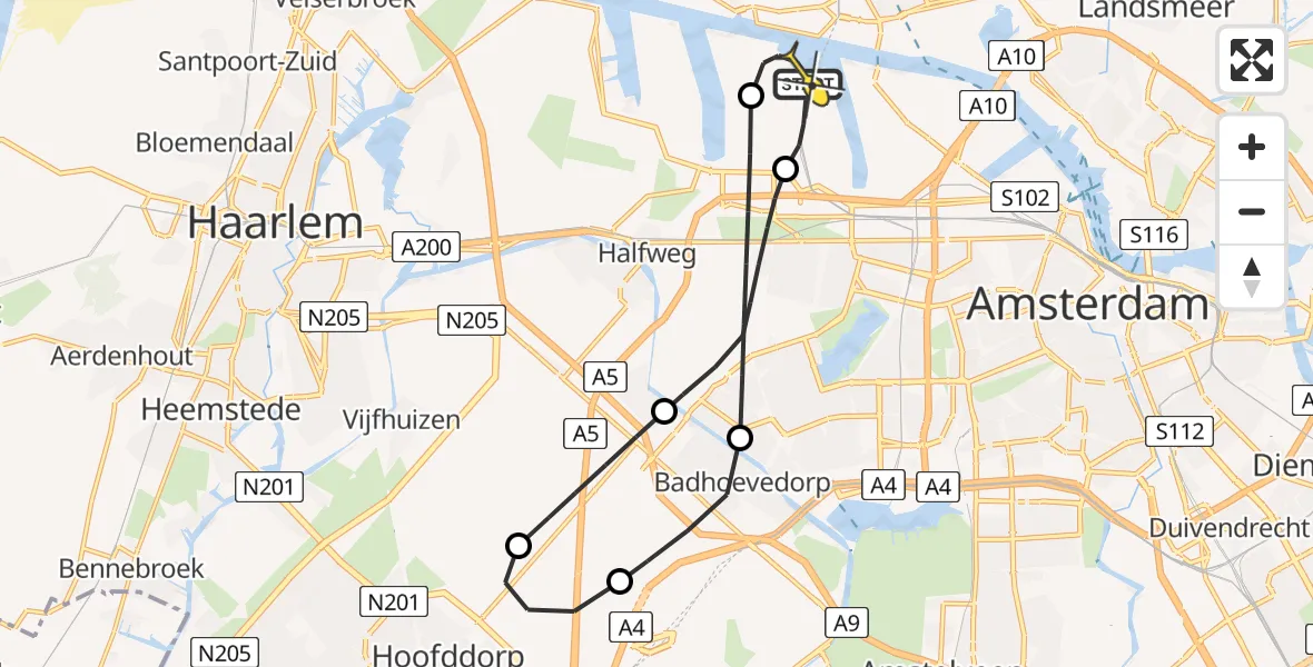 Routekaart van de vlucht: Lifeliner 1 naar Amsterdam Heliport, Nieuw-Zeelandweg