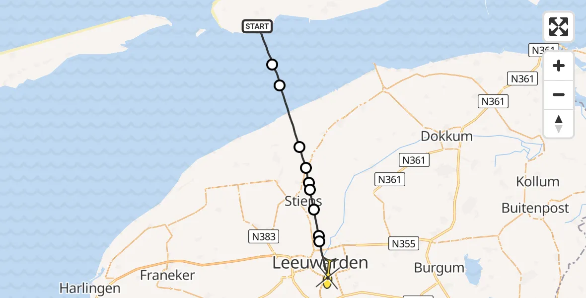 Routekaart van de vlucht: Ambulanceheli naar Leeuwarden, Uitwatering