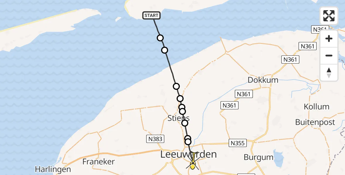 Routekaart van de vlucht: Ambulancehelikopter naar Leeuwarden, Uitwatering