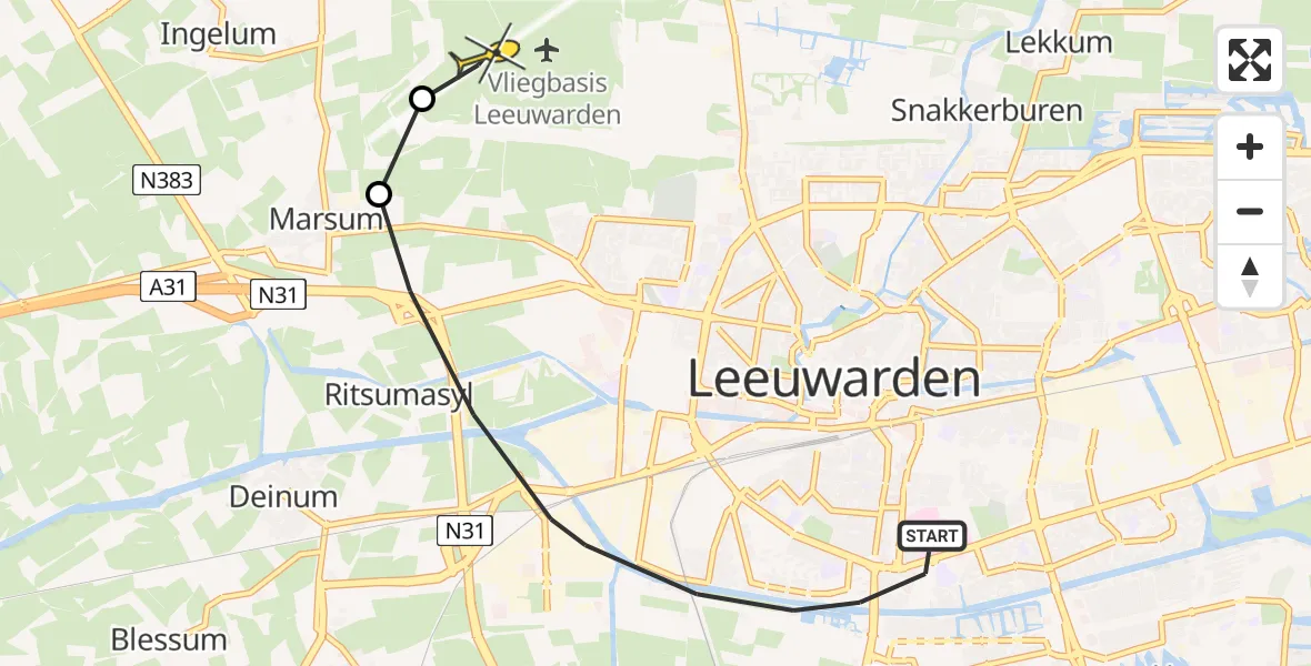 Routekaart van de vlucht: Ambulanceheli naar Vliegbasis Leeuwarden, Seilskade