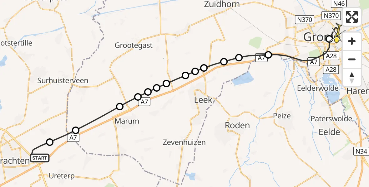 Routekaart van de vlucht: Lifeliner 4 naar Universitair Medisch Centrum Groningen, Richterlaan