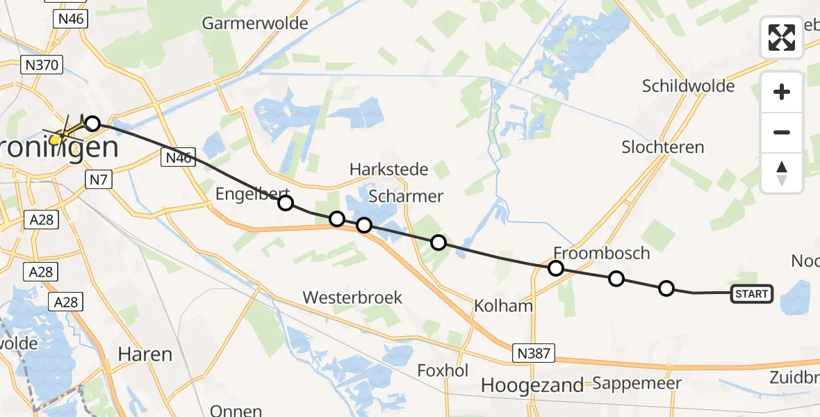 Routekaart van de vlucht: Lifeliner 4 naar Universitair Medisch Centrum Groningen, Zandweg