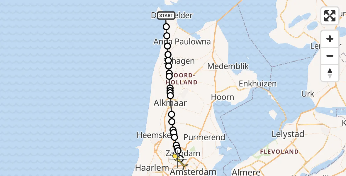 Routekaart van de vlucht: Lifeliner 1 naar Amsterdam Heliport, Antennepark Huisduinen