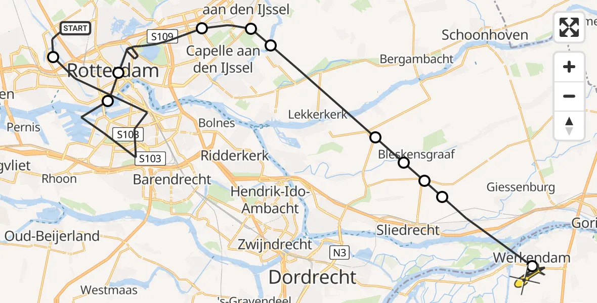 Routekaart van de vlucht: Politieheli naar Werkendam, Zaventembaan