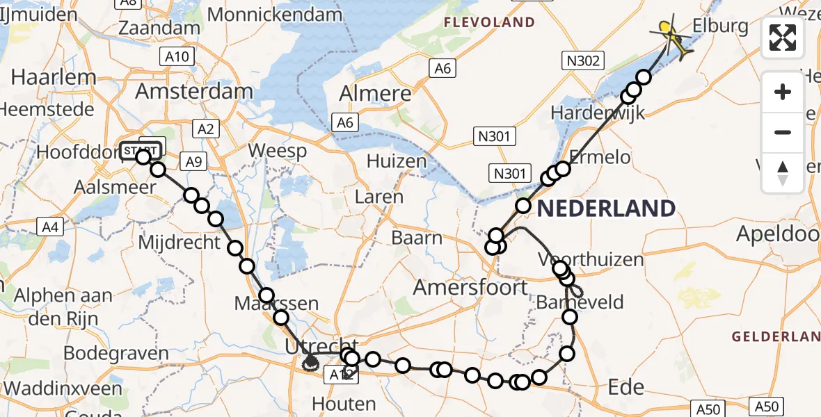 Routekaart van de vlucht: Politieheli naar Biddinghuizen, Mr. Jac. Takkade