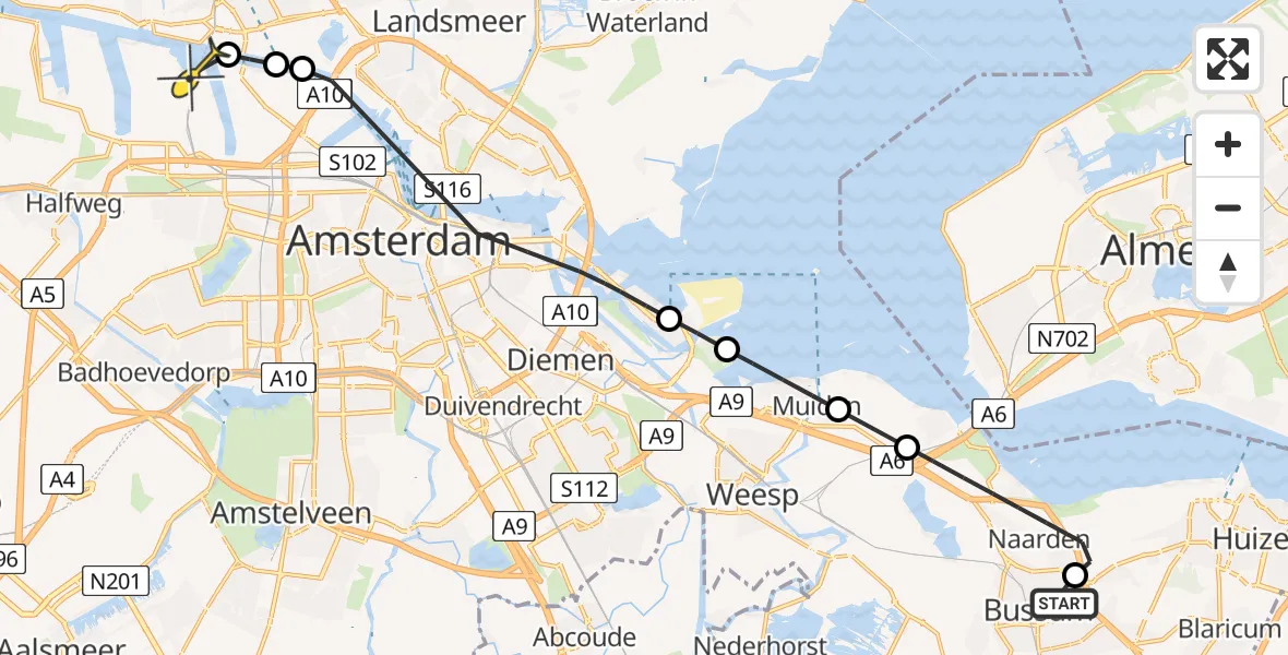 Routekaart van de vlucht: Lifeliner 1 naar Amsterdam Heliport, Huizerstraatweg