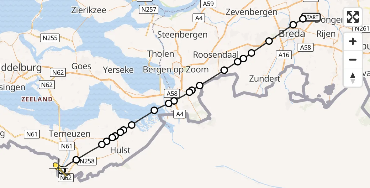 Routekaart van de vlucht: Lifeliner 2 naar Sas van Gent, Wilhelminakanaal Zuid