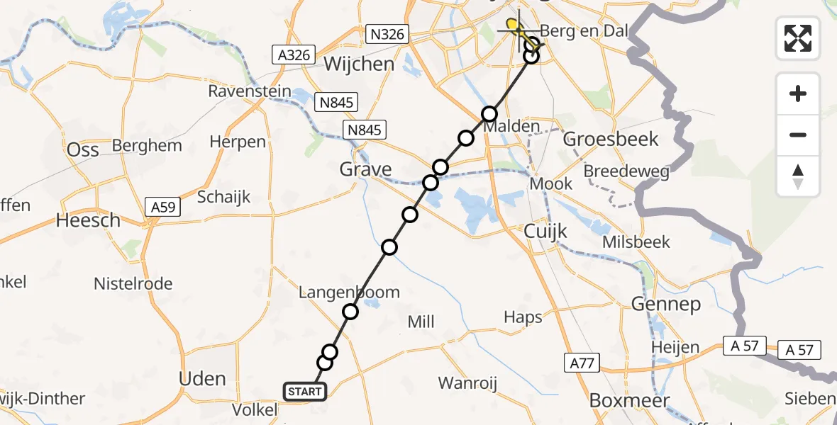 Routekaart van de vlucht: Lifeliner 3 naar Radboud Universitair Medisch Centrum, Zeelandsedijk