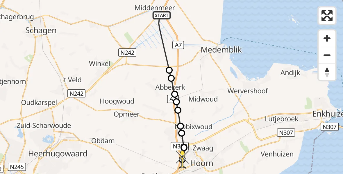 Routekaart van de vlucht: Lifeliner 1 naar Hoorn, Hoogheemraadschap Hollands Noorderkwartier