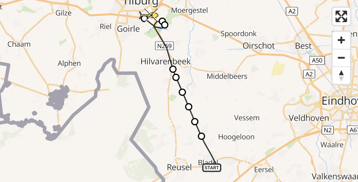 Routekaart van de vlucht: Lifeliner 3 naar Tilburg, Dr. A. Zijlmansstraat