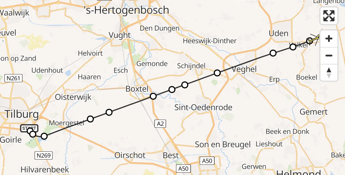 Routekaart van de vlucht: Lifeliner 3 naar Vliegbasis Volkel, Tilburgseweg