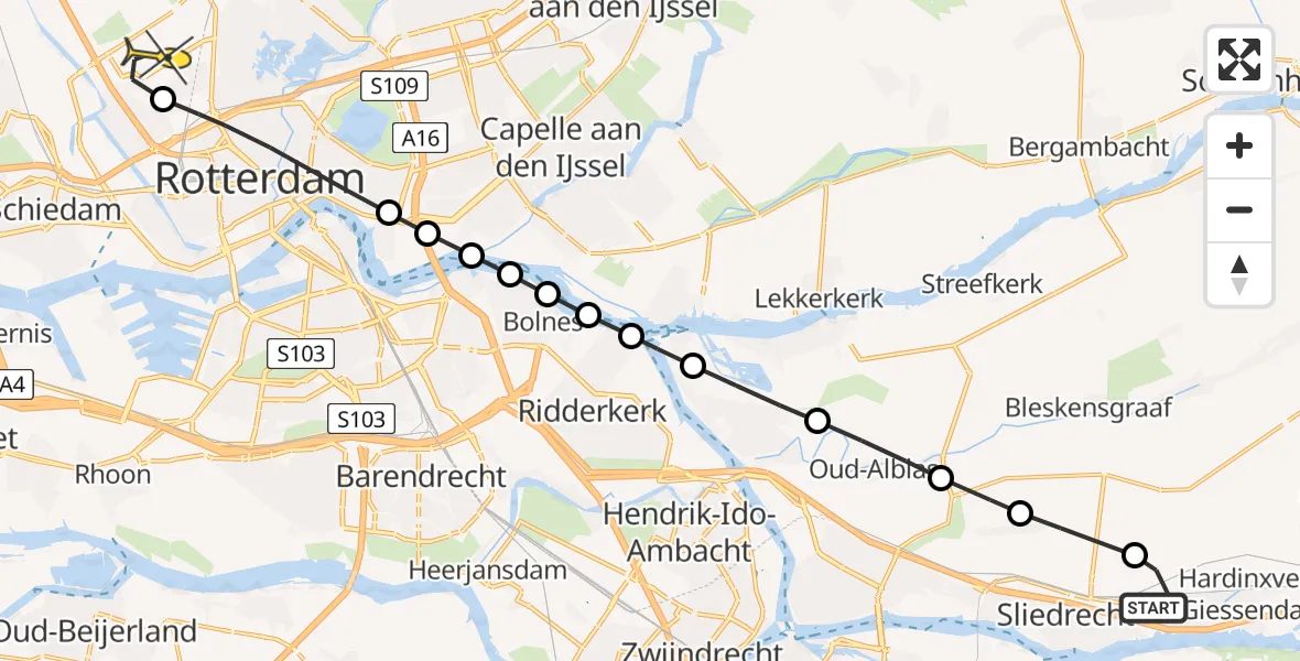 Routekaart van de vlucht: Lifeliner 2 naar Rotterdam The Hague Airport, Zwijnskade