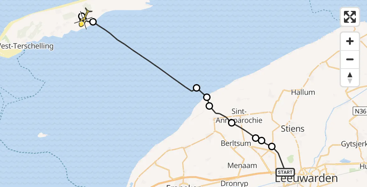 Routekaart van de vlucht: Ambulanceheli naar Hoorn, Nijlânsdyk