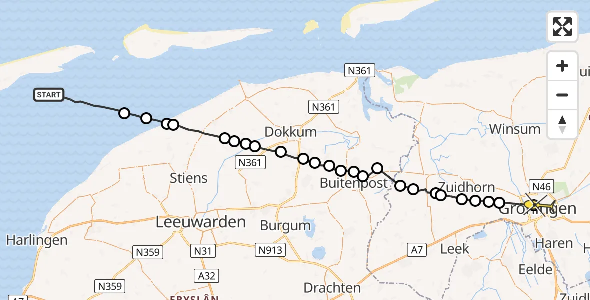 Routekaart van de vlucht: Ambulancehelikopter naar Universitair Medisch Centrum Groningen, Oostersingel