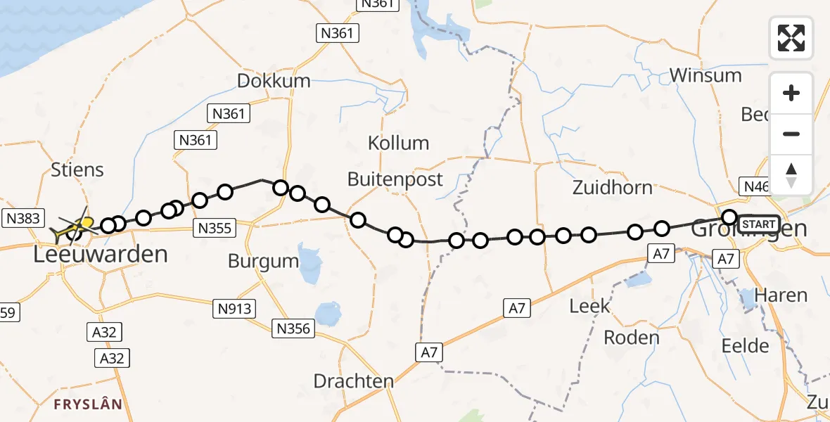Routekaart van de vlucht: Ambulanceheli naar Vliegbasis Leeuwarden, Oosterhamrikkade