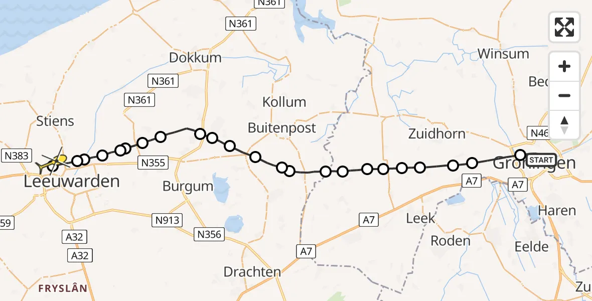Vluchtroute Ambulancehelikopter van Universitair Medisch Centrum Groningen naar Vliegbasis Leeuwarden