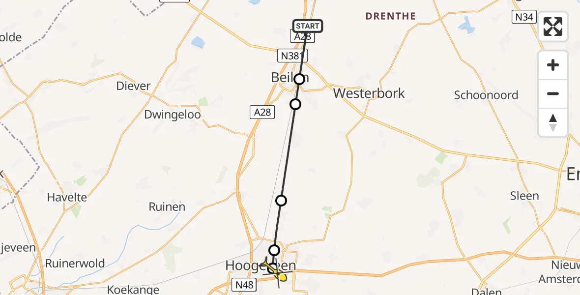 Routekaart van de vlucht: Lifeliner 4 naar Hoogeveen, Mullingsweg