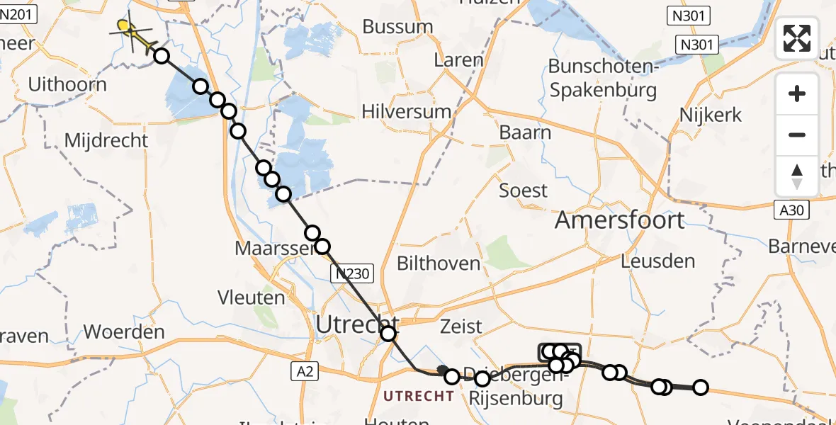 Routekaart van de vlucht: Politieheli naar Ouderkerk aan de Amstel, het Plekje