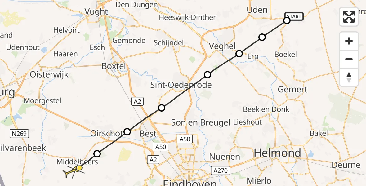 Routekaart van de vlucht: Lifeliner 3 naar Oost West en Middelbeers, Rouwstraat