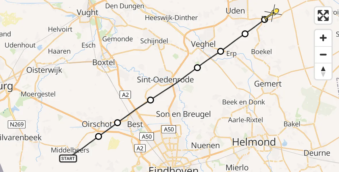 Routekaart van de vlucht: Lifeliner 3 naar Vliegbasis Volkel, Hillestraat