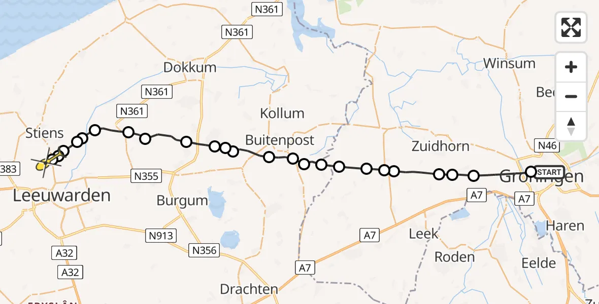 Vluchtroute Ambulancehelikopter van Universitair Medisch Centrum Groningen naar Vliegbasis Leeuwarden