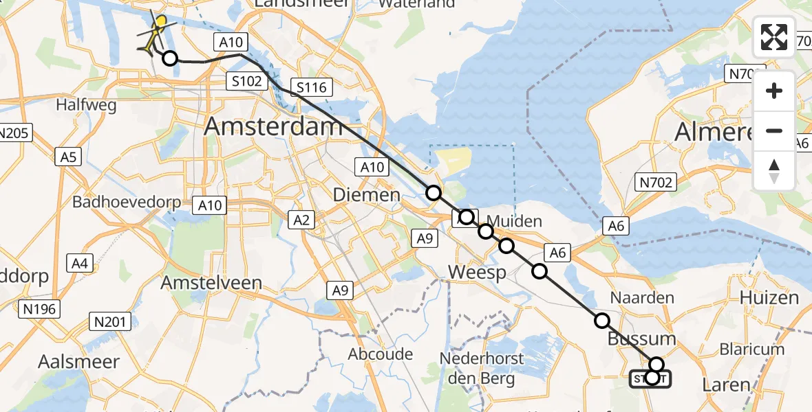 Routekaart van de vlucht: Lifeliner 1 naar Amsterdam Heliport, T.B. Huurmanlaan