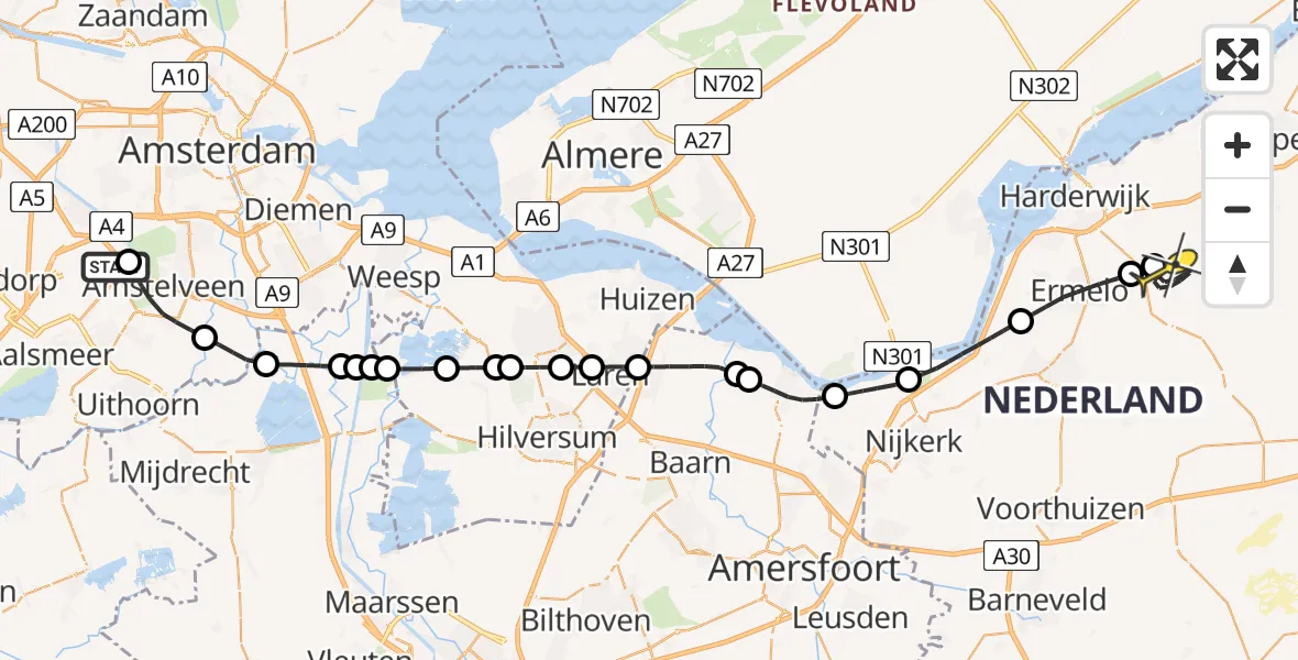 Routekaart van de vlucht: Politieheli naar Ermelo, Schipholdijk