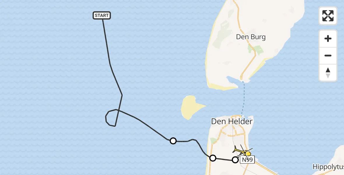 Routekaart van de vlucht: Kustwachthelikopter naar Vliegveld De Kooy, Strandslag Duinoord