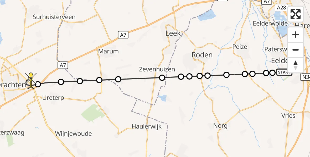 Routekaart van de vlucht: Lifeliner 4 naar Vliegveld Drachten, Bunnerweg