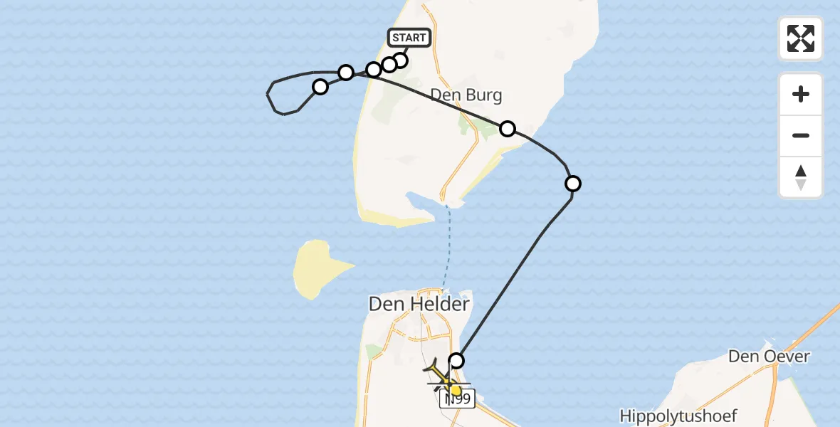 Routekaart van de vlucht: Kustwachthelikopter naar Vliegveld De Kooy, Martjesweg