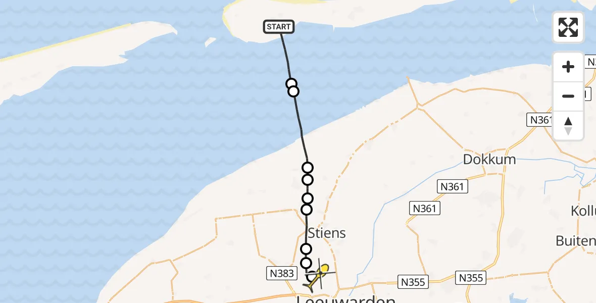 Routekaart van de vlucht: Ambulancehelikopter naar Vliegbasis Leeuwarden, Uitwatering